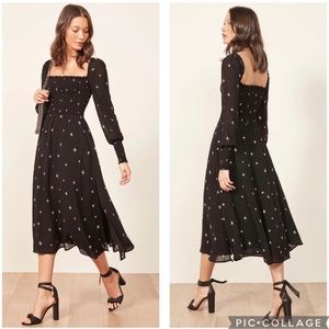 Reformation XS Rowan Black Smocked Midi Dress Long Sleeves Constellation Star